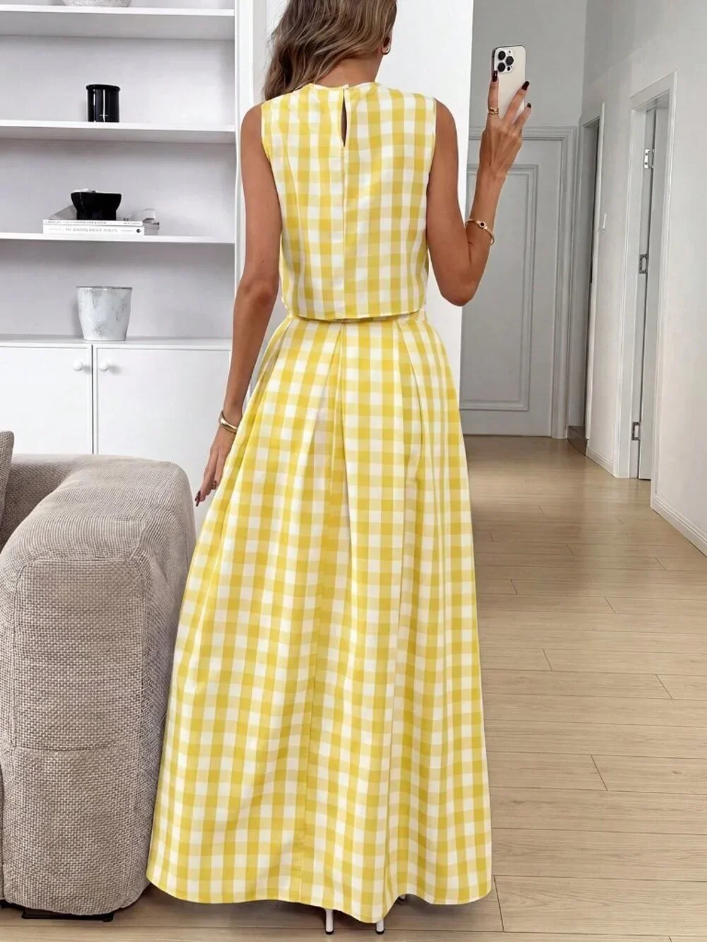 Yellow Casual Women's Plaid Sleeveless Top And Skirt Coord set